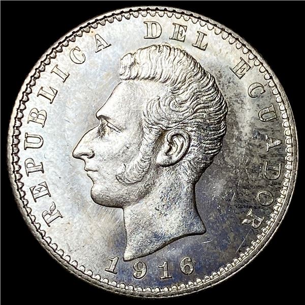 1916 Ecuador Silver 2 Decimos UNCIRCULATED
