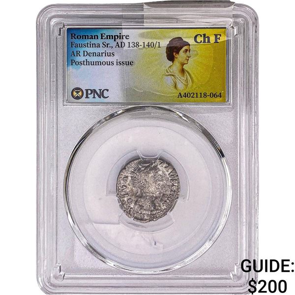 Roman Empire Faustina Sr. 138-141 AD Silver Denarius PNC Ch F