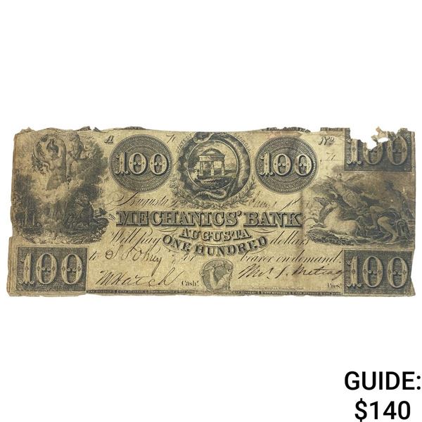 1857 $100 Mechanics' Bank Augusta GA Note VG