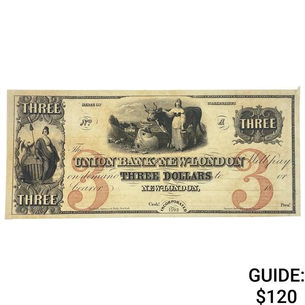 1792 $3 Union Bank of New London CT Note GEM UNC