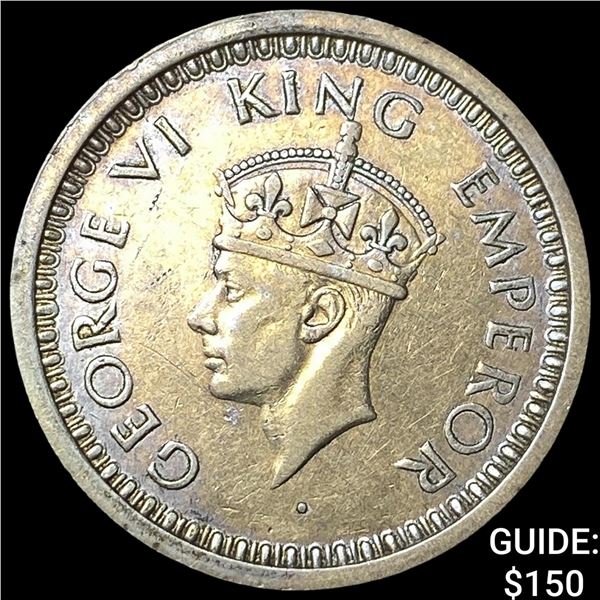 1945 British India Silver 1 Rupee Reeded Edge