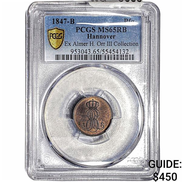 1847-B Hanover Copper 1 Pfennig PCGS MS65 RB