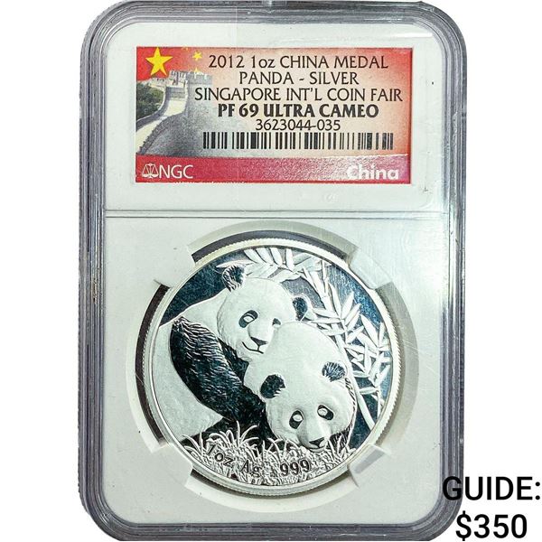 2012 1oz China Medal Panda Singapore NGC PF69 Ultra Cameo