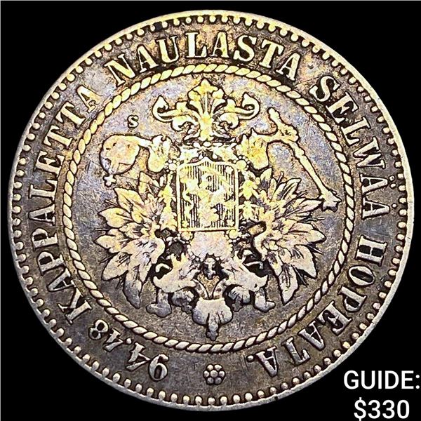1864 Finland Silver 1 Markka NEARLY UNCIRCULATED
