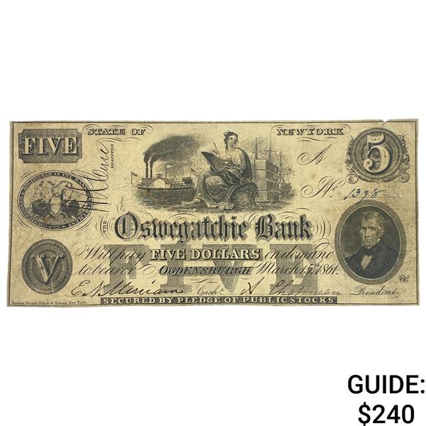 1861 $5 Oswegatchie Bank Ogdensburgh NY Banknote