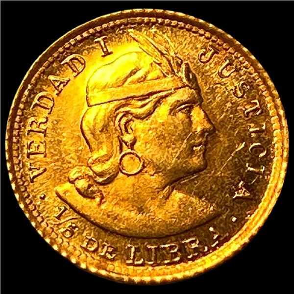 1910 Peru Gold 1/5 Libra CHOICE BU