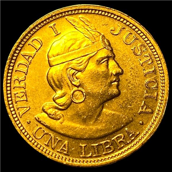 1918 Peru Gold Una Libra GEM BU