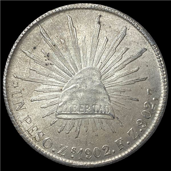 1902 Silver Peso Mexico Mint Mark Zs CLOSELY UNCIRCULATED