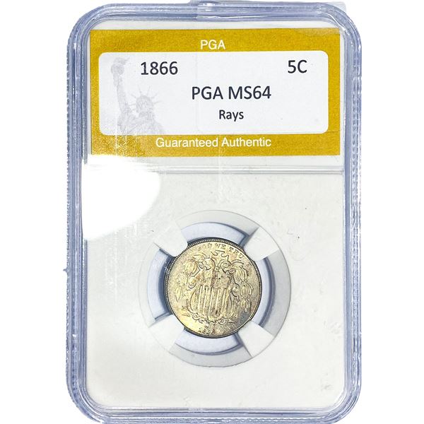 1866 Shield Nickel PGA MS64 Rays
