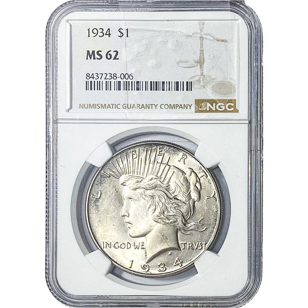 1934 Silver Peace Dollar NGC MS62