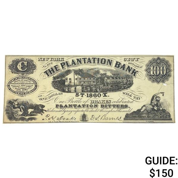 1860 $1 Plantation Bank-New York Advertising Note