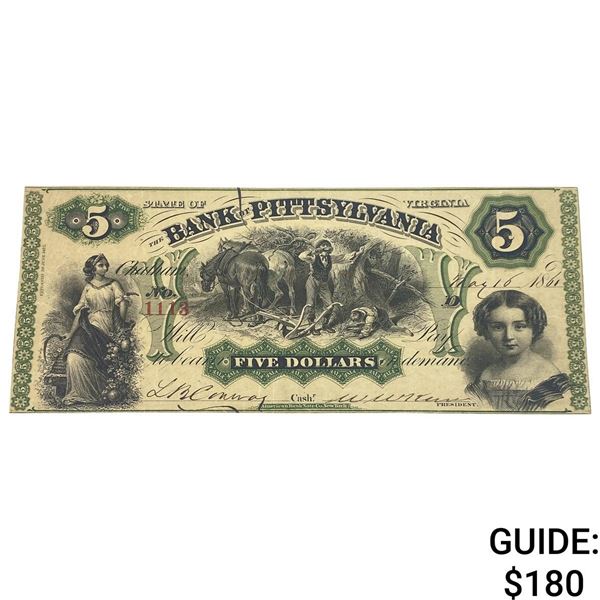1861 $5 Bank of Pittsylvania Virgina Banknote