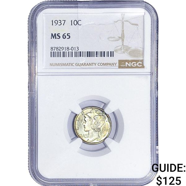 1937 Mercury Silver Dime NGC MS65