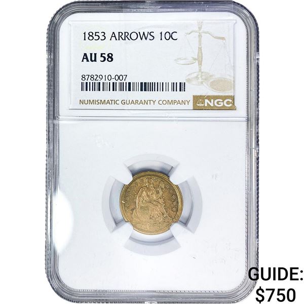 1853 Seated Liberty Dime NGC AU58 Arrows