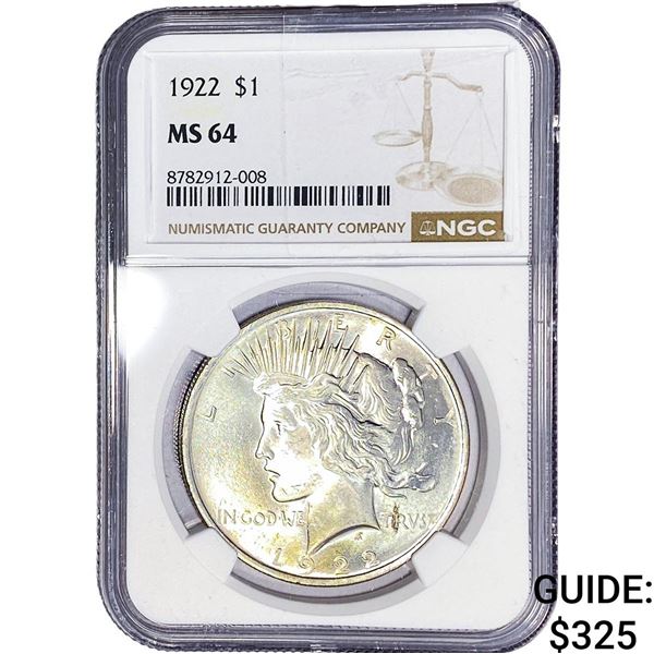 1922 Silver Peace Dollar NGC MS64