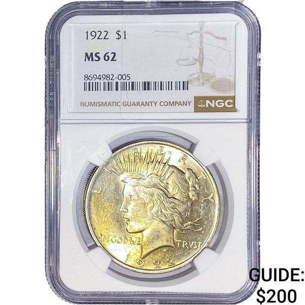 1922 Silver Peace Dollar NGC MS62