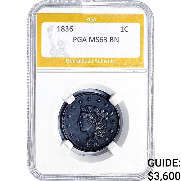 1836 Coronet Head Large Cent PGA MS63 BN