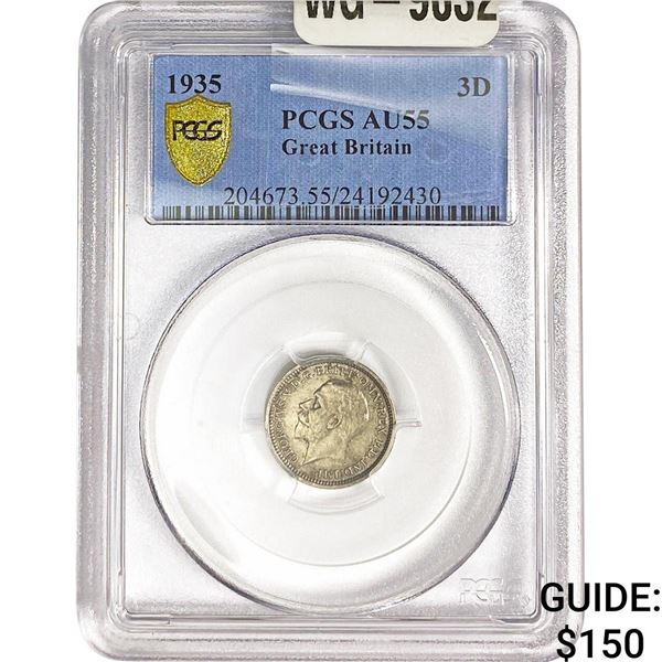 1935 Great Britain Silver 3 Pence PCGS AU55