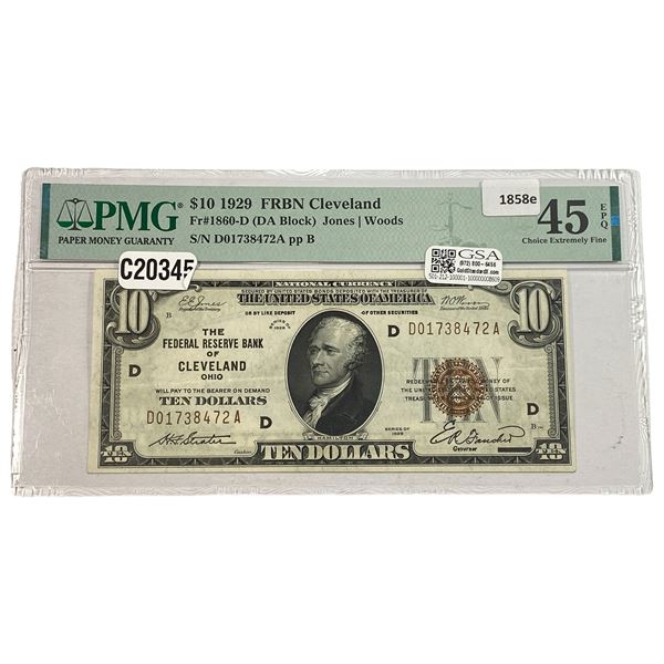 1929 $10 FRBN Cleveland PMG CEF45 EPQ