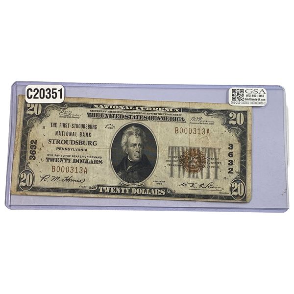 1929 $20 National Bank Note First Stroudsburg