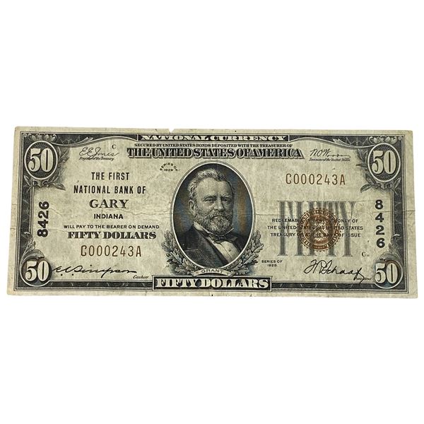 1929 $50 First National Bank of Gary