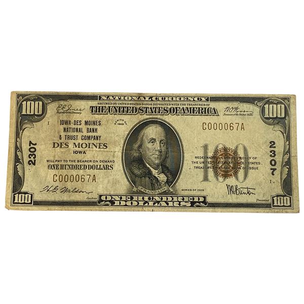 1929 $100 Iowa-Des Moines National Bank