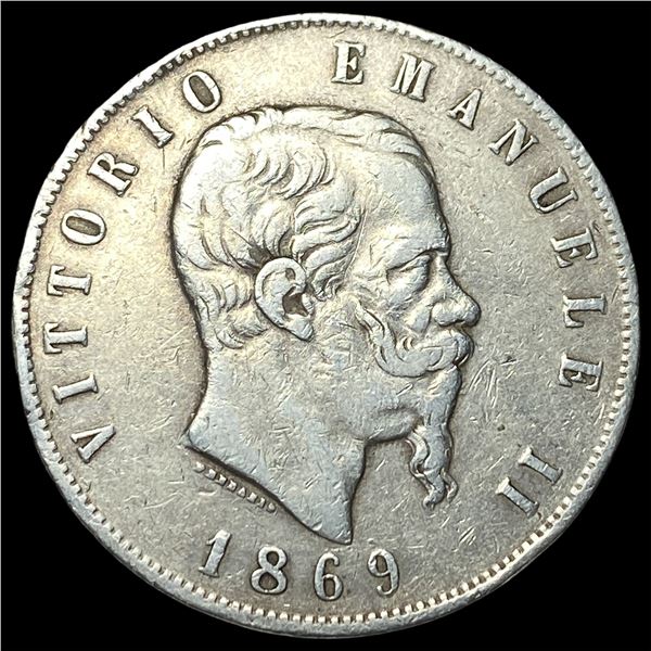 1869 Italy Silver 5 Lire NEARLY UNCIRCULATED