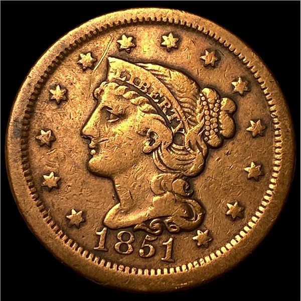 1851 Braided Hair Large Cent LIGHTLY  CIRCULATED