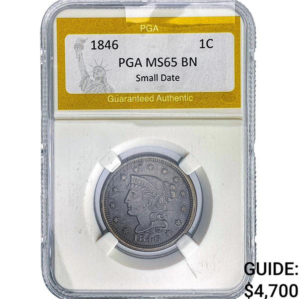 1846 Braided Hair Large Cent PGA MS65 BN Sm Date