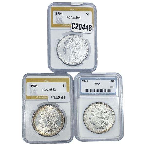 [3 Coins] 1904 Morgan Silver Dollar NAS/PGA MS61-64