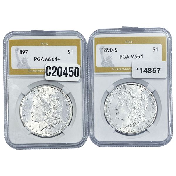 [2 Coins] 1890-1897 Morgan Silver Dollar PGA MS64