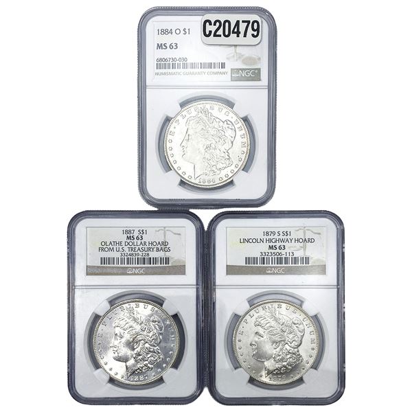 [3 Coins] 1879-1887 Morgan Silver Dollar NGC MS63