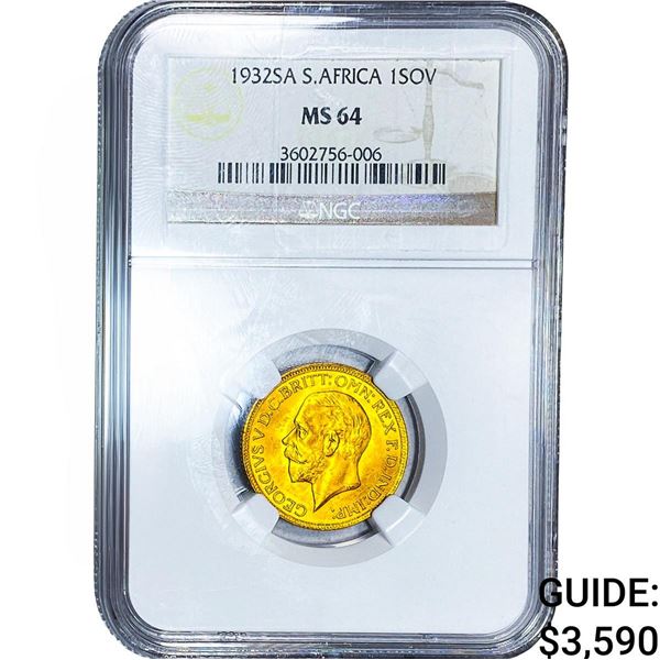 1932 Soth Africa Gold 1 Sovereign .2354 AGW NGC MS64