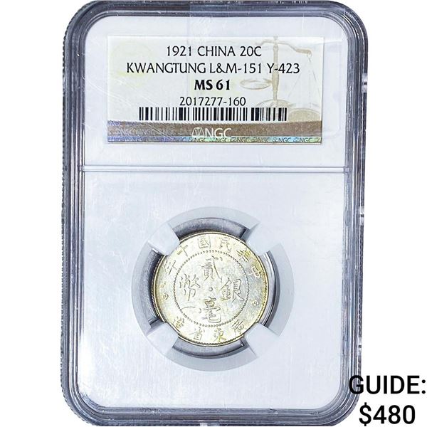 1921 China Silver 20 Cents Kwangtung L&M-151 Y-423 NGC MS61