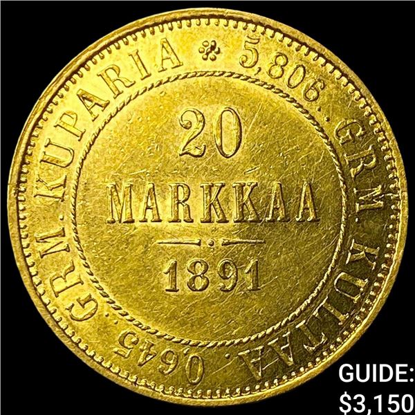 1891 Finland Gold 20 Markkaa .1867 AGW