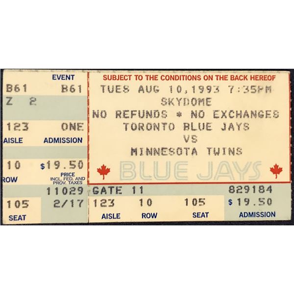 1993 MAJOR LEAGUE BASEBALL TICKET STUB - MINNESOTA at TORONTO