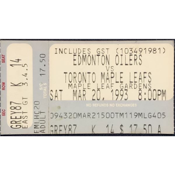 1993 TORONTO MAPLE LEAFS vs EDMONTON TICKET STUB