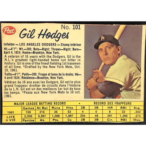 1962 POST CEREAL BASEBALL GIL HODGES (HOF)