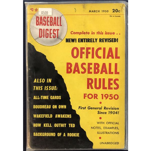MARCH 1950 BASEBALL DIGEST - OFFICIAL BASEBALL RULES