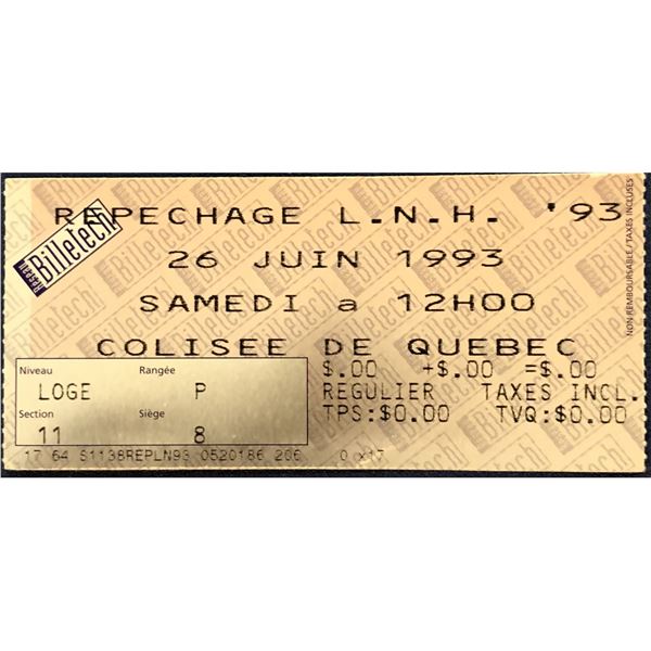 1993 NHL DRAFT at QUEBEC CITY EVENT TICKET - ALEXANDRE DAIGLE #1 PICK