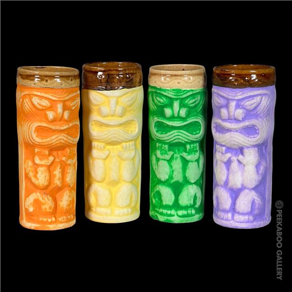 RARE SET OF FOUR (4) BRIGHTLY COLORED TIKI MUGS BY PIZAREK.