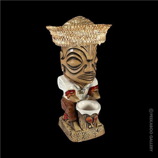 EEKUM BOOKUM TIKI OASIS "TRIP TO THE TROPICS" TIKI MUG #575 w/ HAT LID, DRUM SHOT GLASS & STICKER.