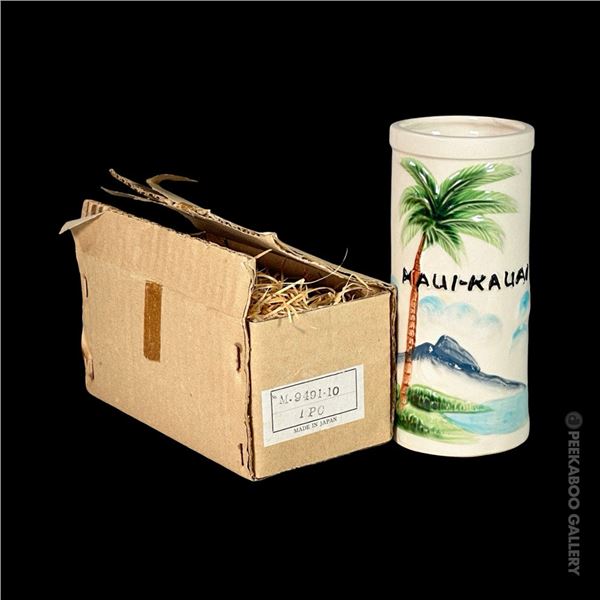 MAUI-KAUAI SWAYING PALM TIKI MUG w/ ORIG. OMC STICKER & IN ORIG. PACKAGING.