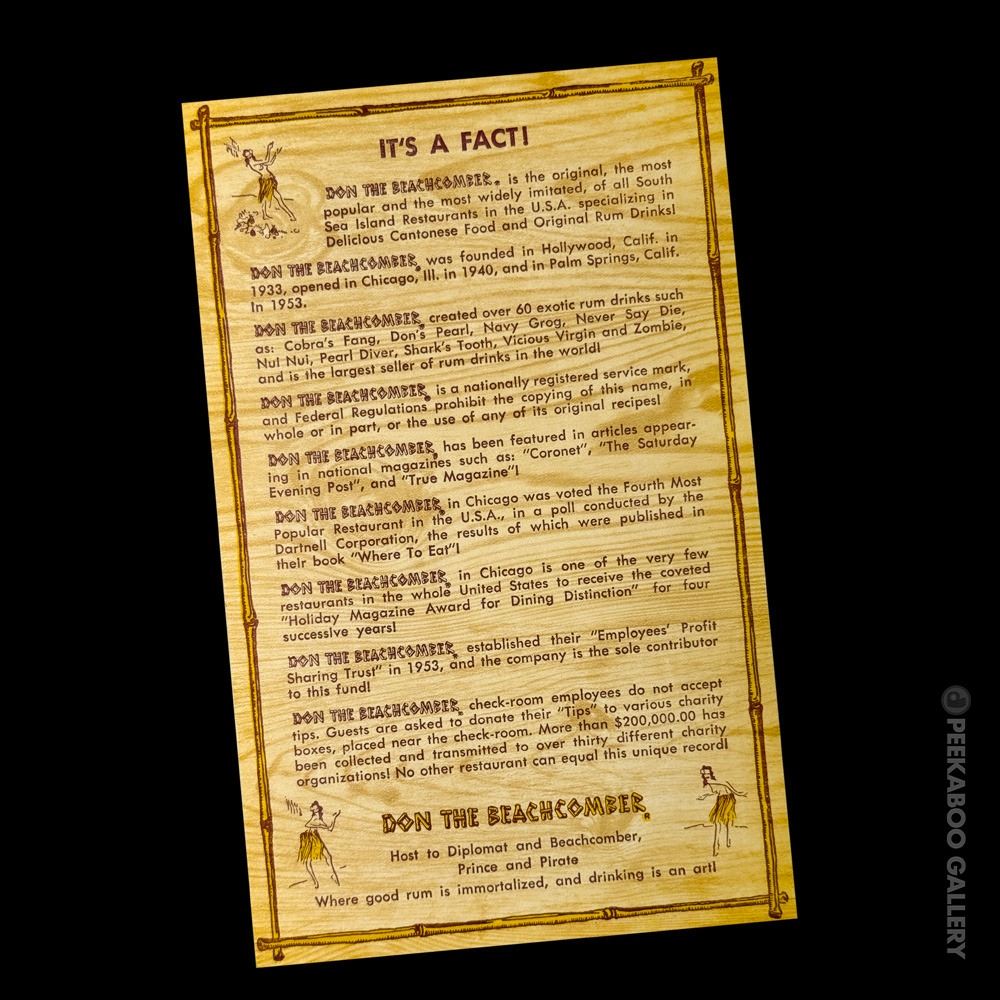 1950s DON THE BEACHCOMBER - FACT SHEET LARGE FORMAT POSTCARD.