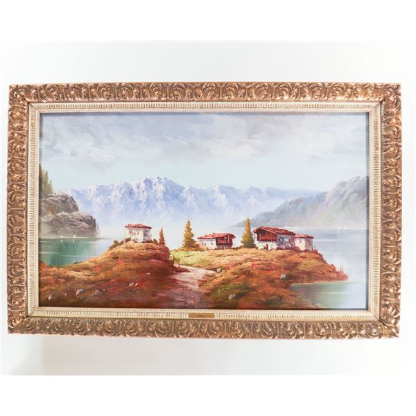 Mancini, Alpine Lake Landscape with Chalets, Oil on Canvas
