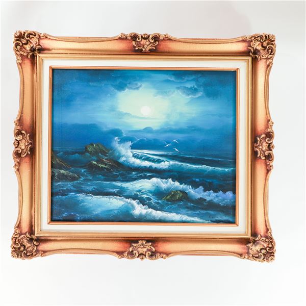 Framed Moonlit Seascape Oil Painting