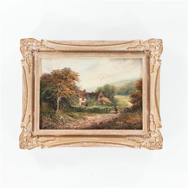 Signed Countryside Cottage Landscape Oil Painting