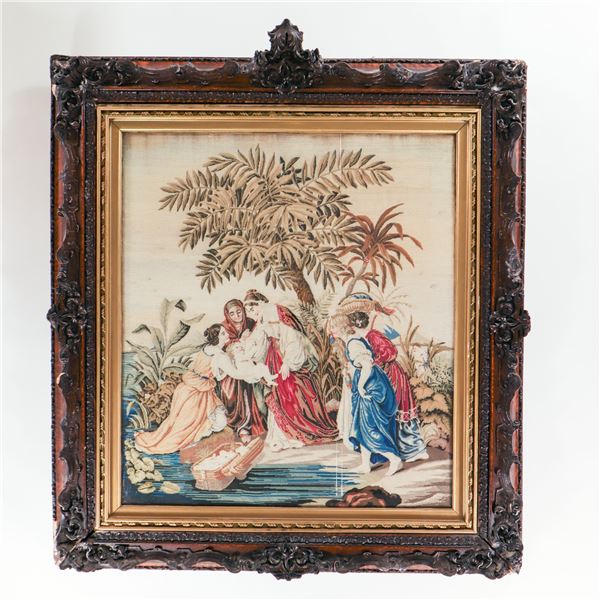 Large Framed Victorian Needlework Picture of Figures in a Landscape, 19th Century