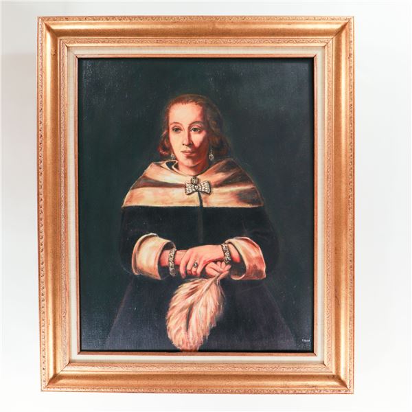 Framed Oil Portrait of a Lady in Court Dress, After an Old Master, 20th Century