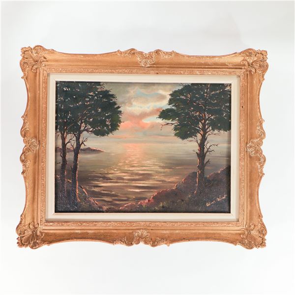 Framed Mid-20th Century Sunset Coastal Landscape Oil Painting